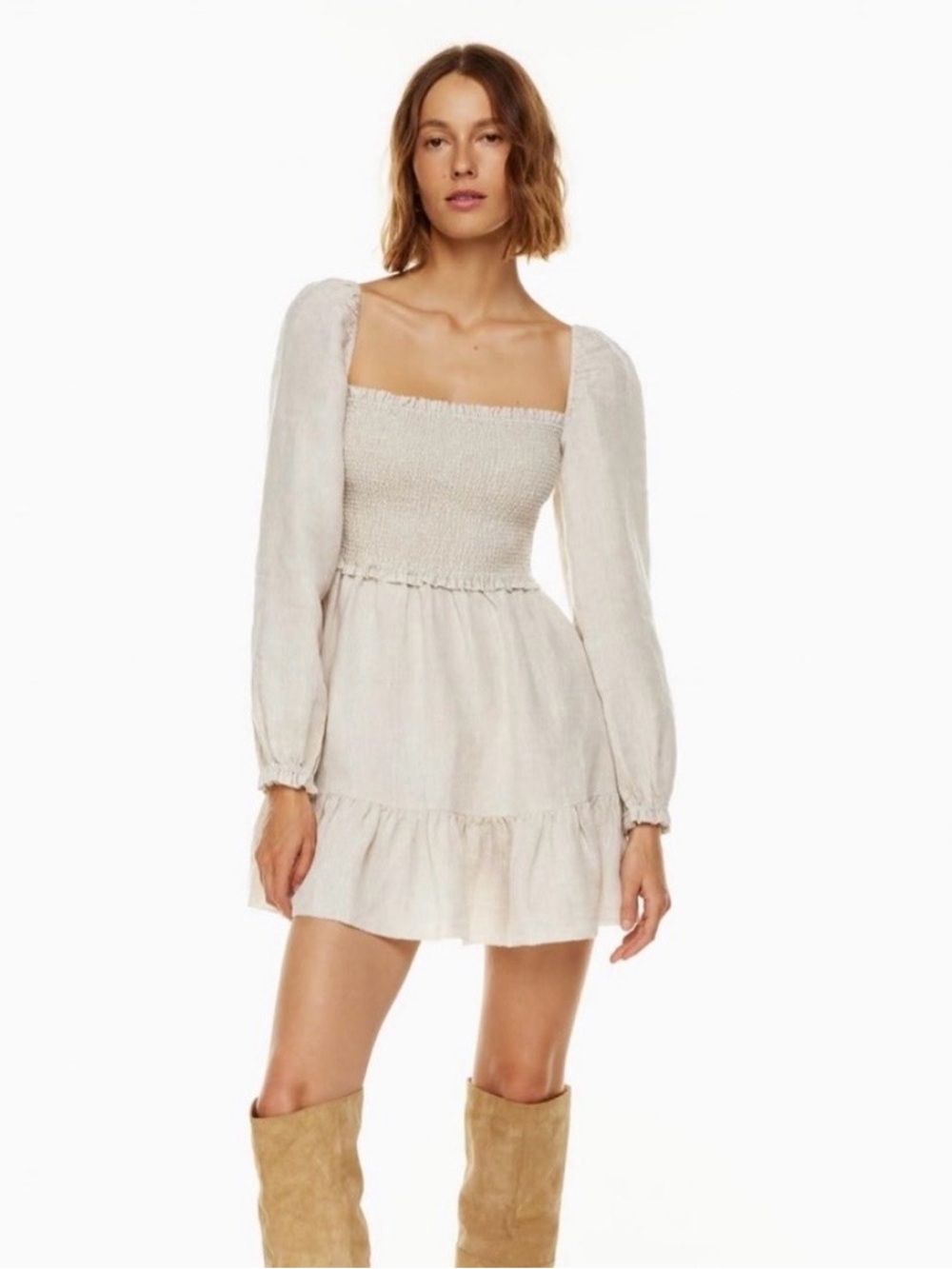 100% Organic Linen Smocked Square-Neck Mini Dress Tunic Puff Sleeves Feminine